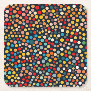 Colourful Polka Dots on Dark Background Square Paper Coaster
