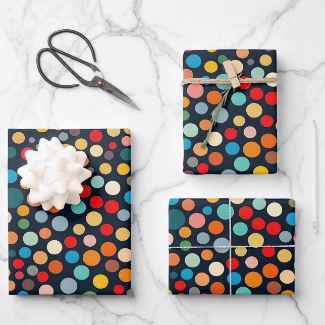 Colourful Polka Dots on Dark Background Wrapping Paper Sheet (Front)
