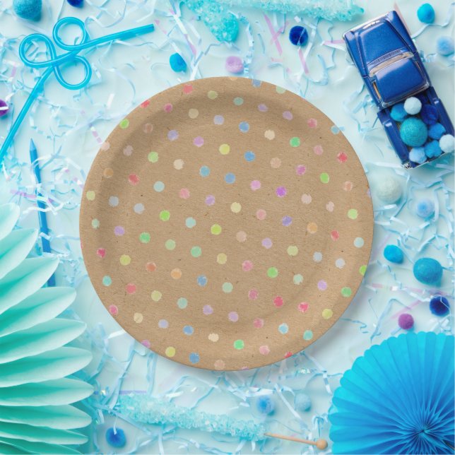 Colourful Polka Dots On Faux Kraft Paper Backgroun Paper Plate (Party)