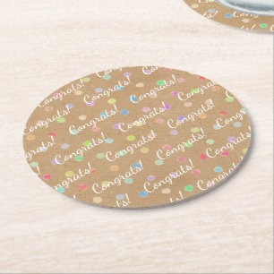 Colourful Polka Dots On Faux Kraft Paper Round Paper Coaster