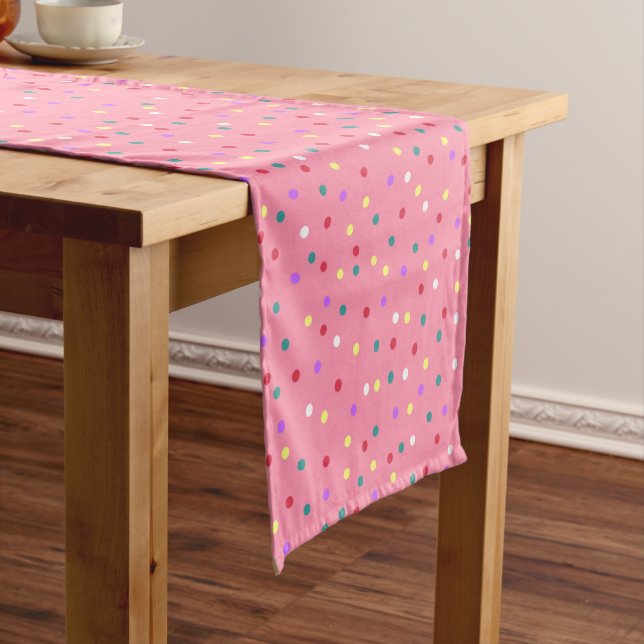 Colourful Polka Dots on Pink Short Table Runner (In Situ)
