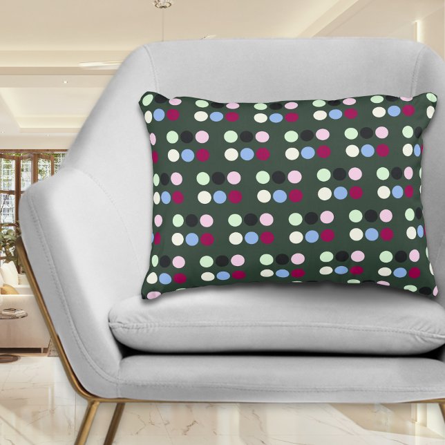 Colourful Polka Dots Stylish Modern Decorative Cushion (A modern and stylish accent pillow, with multicolor polka dots pattern on a dark green background)