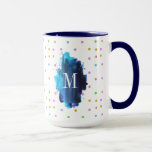 Colourful Polkadots Monogram Mug<br><div class="desc">Elegant colourful polkadots seamless pattern over white background and blue watercolors brush stroke for custom monogram.</div>