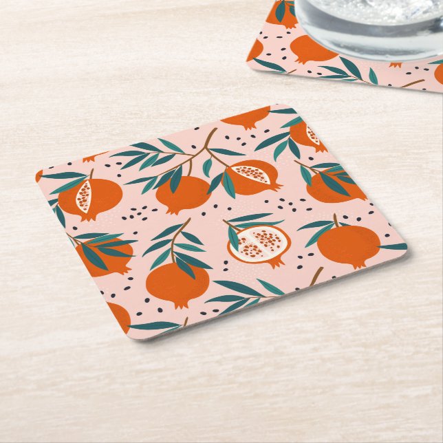 Colourful Pomegranate Pattern Square Paper Coaster (Angled)