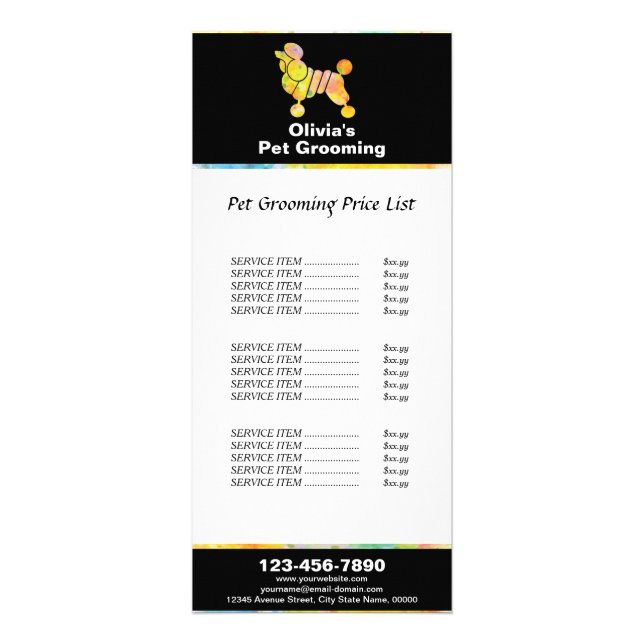 Colourful Poodle Pet Grooming Price List Rack Card (Front)