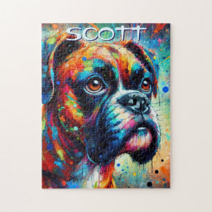 Colourful Pop Art Boxer Dog Personalised Teal Blue Jigsaw Puzzle