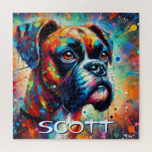 Colourful Pop Art Boxer Dog Personalised Teal Blue Jigsaw Puzzle