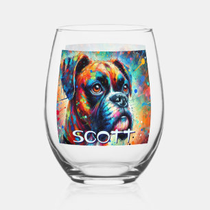 Colourful Pop Art Boxer Dog Personalised Teal Blue Stemless Wine Glass