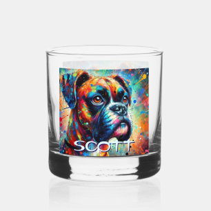 Colourful Pop Art Boxer Dog Personalised Teal Blue Whiskey Glass