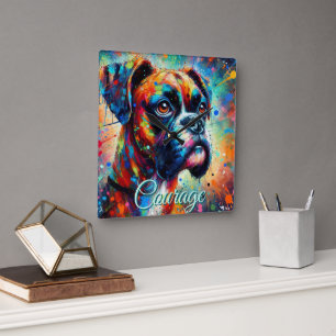 Colourful Pop Art Boxer Dog Teal Blue Dogs Square Wall Clock