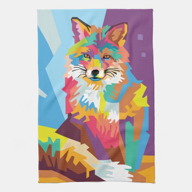 Colourful Pop Art Fox Portrait Tea Towel (Vertical)