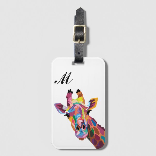 Colourful Pop Art Giraffe Monogrammed Luggage Tag (Front Vertical)