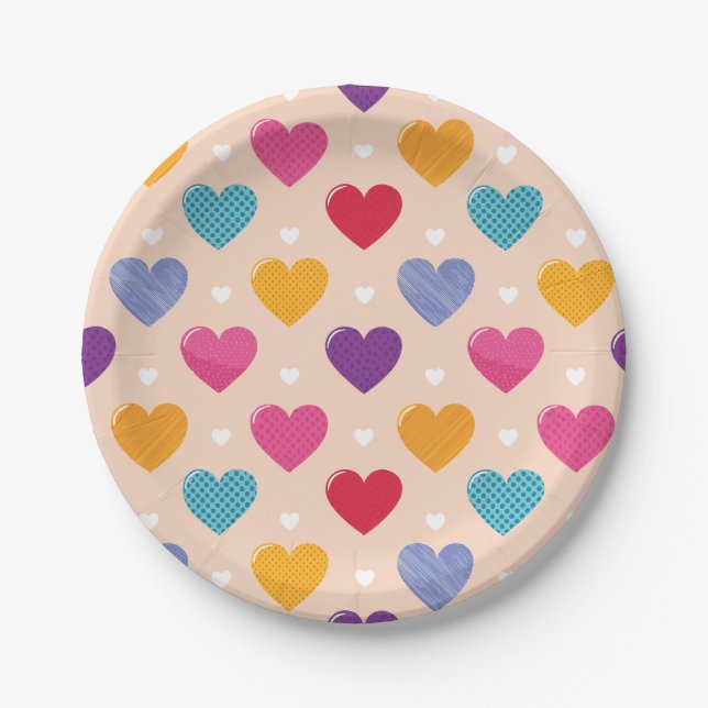 Colourful Pop Art Heart Pattern Paper Plate (Front)