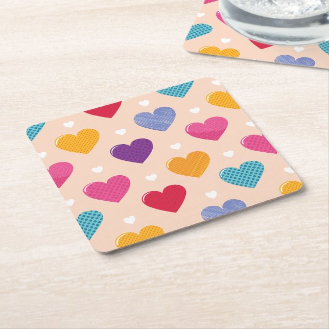 Colourful Pop Art Heart Pattern Square Paper Coaster (Angled)