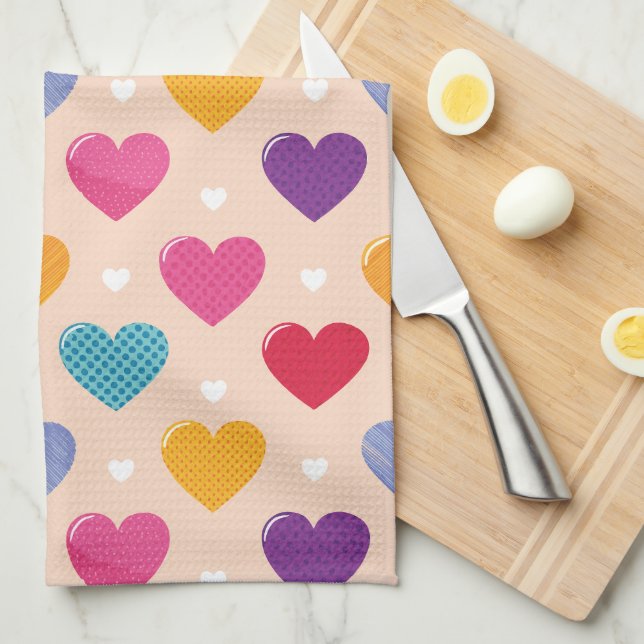 Colourful Pop Art Heart Pattern Tea Towel (Quarter Fold)