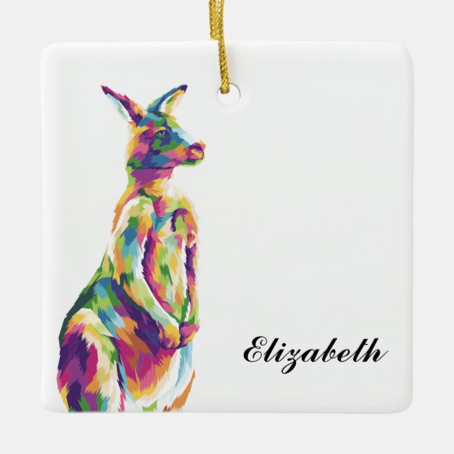Colourful Pop Art Kangaroo Personalised Ceramic Ornament (Front)