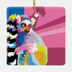 Colourful Pop Art Lemur Portrait Ceramic Tree Decoration