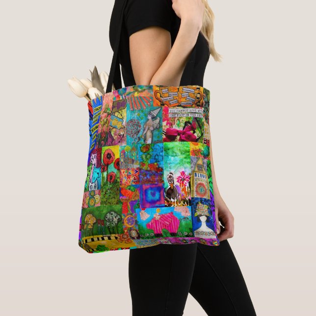 Colourful Pop Art Mixed-Media Collage Tote Bag (Close Up)