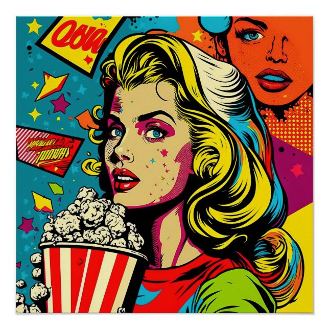 Colourful Pop Art Retro Popcorn Blonde Woman Art Poster (Front)