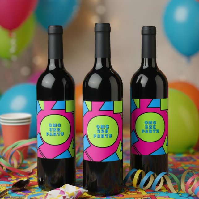 Colourful Pop Art Retro Y2K Party Wine Label (Fun and colorful wine label for your Y2K throwback party)