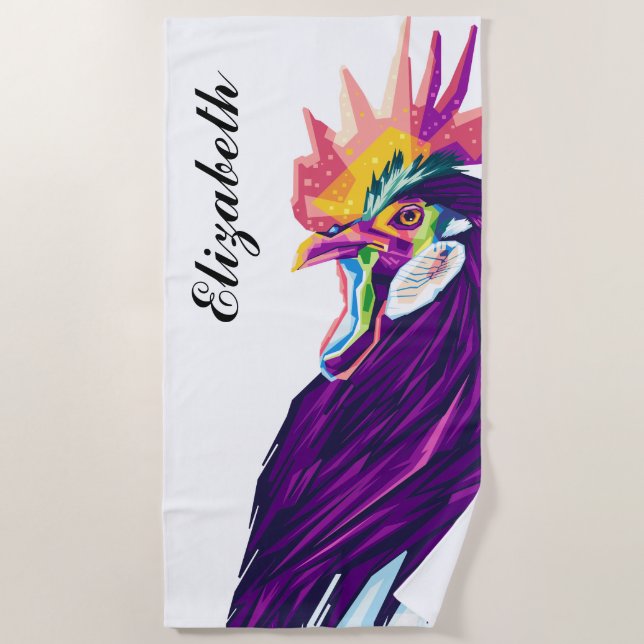 Colourful Pop Art Rooster Personalised Beach Towel (Front)