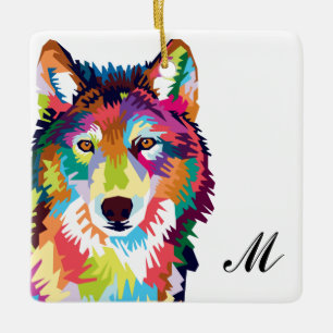 Colourful Pop Art Wolf Monogrammed Ceramic Ornament