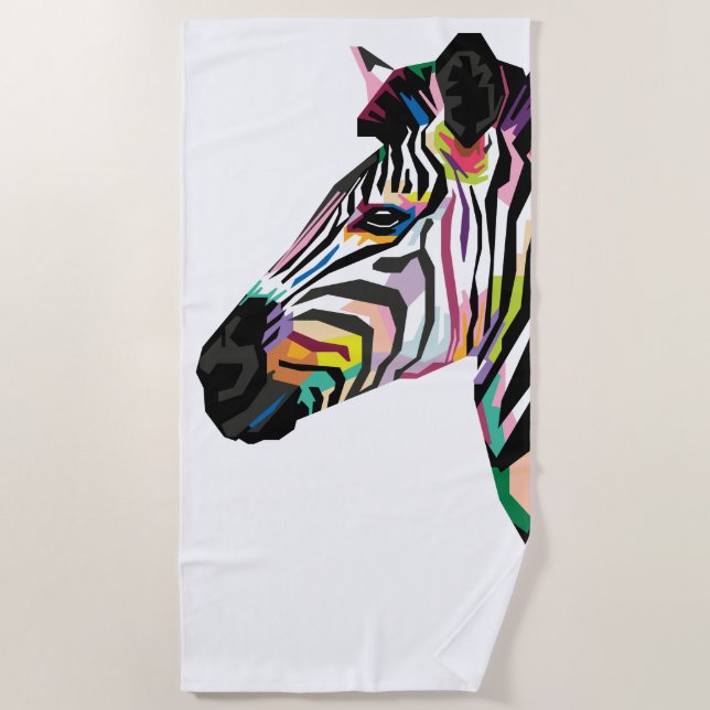 Colourful Pop Art Zebra on White Background Beach Towel (Front)