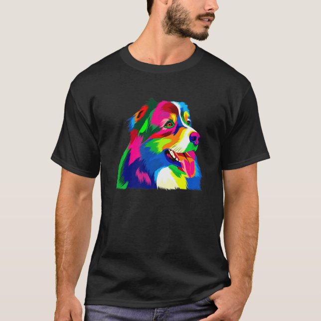 Colourful Pop Australian Shepherd Portrait Aussie  T-Shirt (Front)