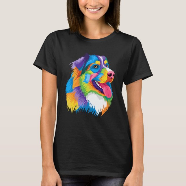Colourful Pop Australian Shepherd Portrait Aussie  T-Shirt (Front)