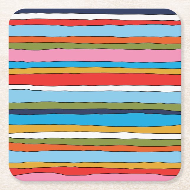 Colourful Pop Stripes Lined Pattern Square Paper Coaster (Front)