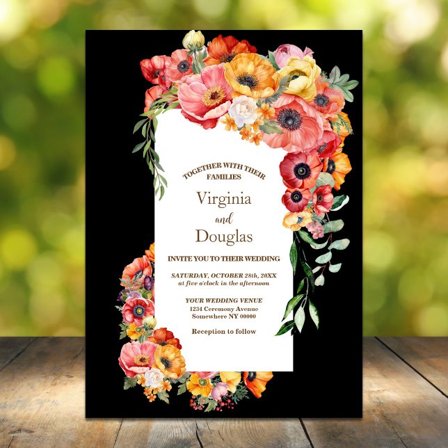 Colourful Poppies Black Wedding Invitation (Creator Uploaded)