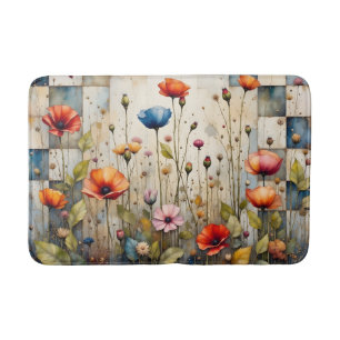 Colourful Poppies Floral Rustic Blue Patchwork Bath Mat