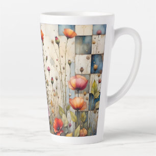 Colourful Poppies Floral Rustic Blue Patchwork Latte Mug
