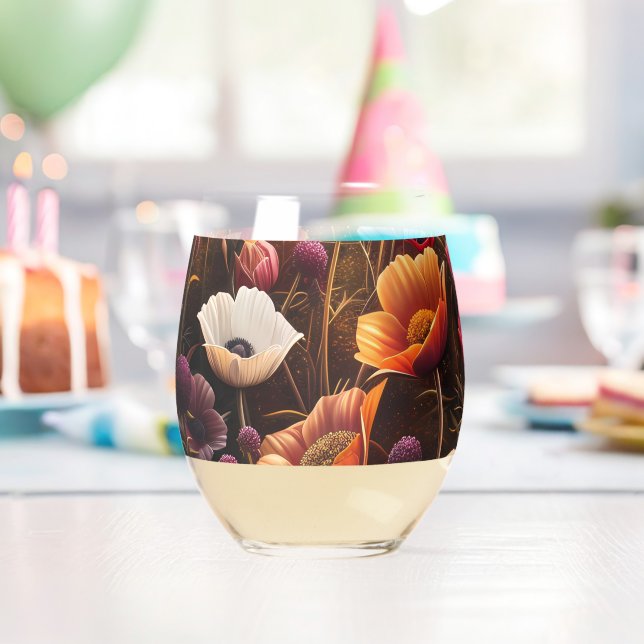 Colourful Poppies Stemless Wine Glass (Insitu (Birthday))
