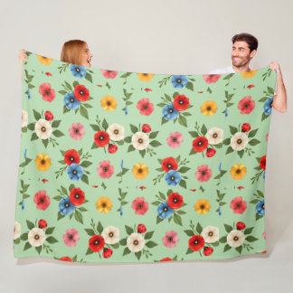 Colourful Poppy Flower Floral Pattern Fleece Blanket