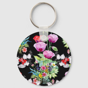 Colourful Poppy Summer Flowers Pattern Key Ring