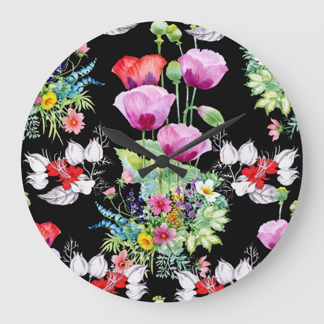 Colourful Poppy Summer Flowers Pattern Large Clock (Front)