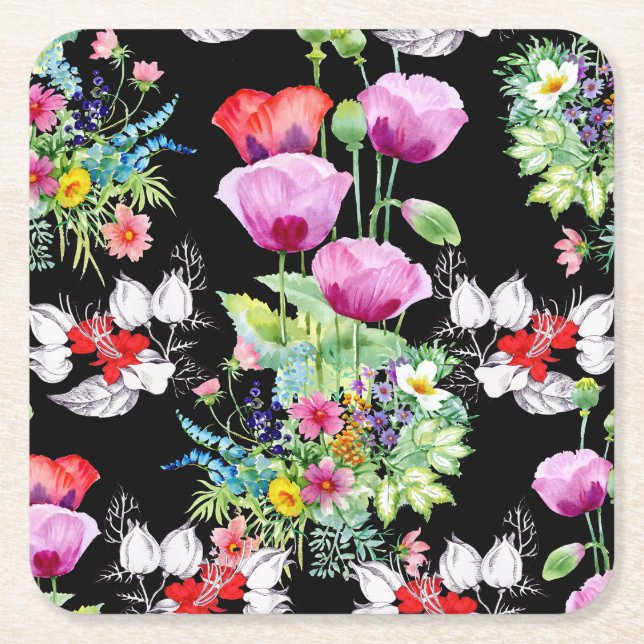 Colourful Poppy Summer Flowers Pattern Square Paper Coaster (Front)