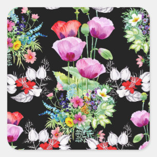 Colourful Poppy Summer Flowers Pattern Square Sticker