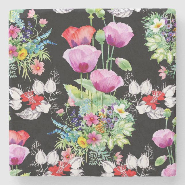 Colourful Poppy Summer Flowers Pattern Stone Coaster (Front)