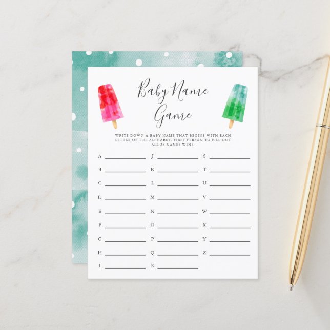 Colourful Popsicle Baby Name Shower Game (Front/Back In Situ)