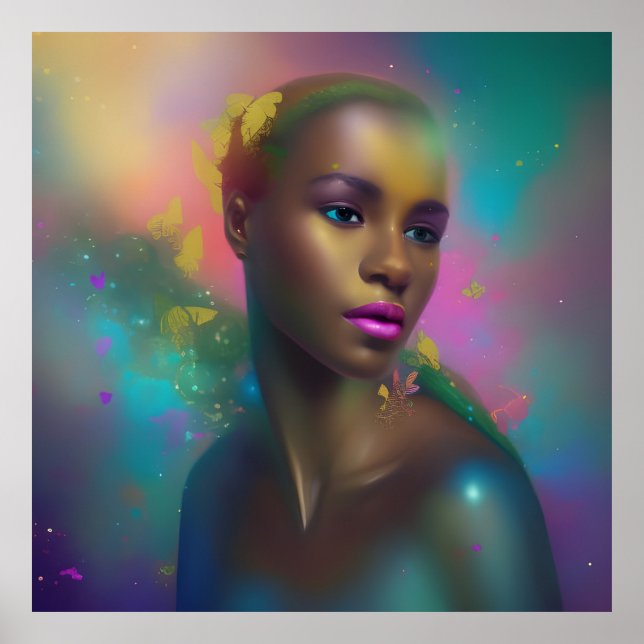 Colourful portrait butterfly blue pink purple girl poster (Front)