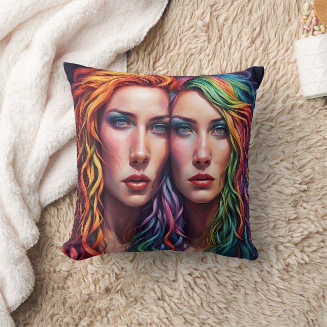 Colourful Portrait of Two Women With Vibrant Hair Cushion (Blanket)