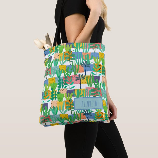 Colourful Pots and Cactus Pattern Personalised Tote Bag (Close Up)