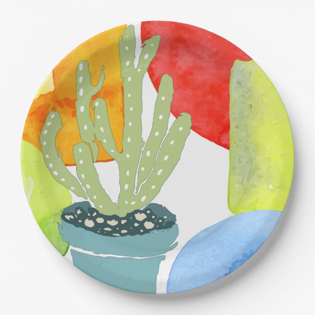 Colourful potted cactus paper plate (Front)