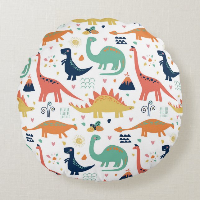 Colourful Prehistoric Dinosaurs Pattern Round Cushion (Front)