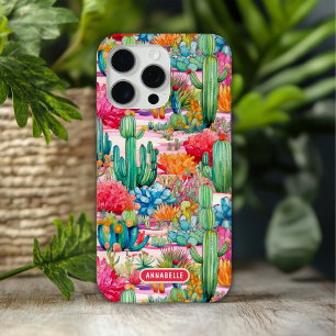 Colourful Preppy Cactus Floral Personalised Name iPhone 15 Pro Max Case