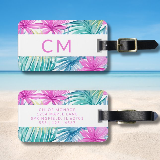 Colourful Preppy Monogrammed Tropical Pattern Pink Luggage Tag (Creator Uploaded)