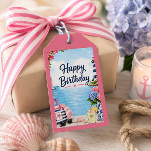 Colourful Preppy Pink Blue Coastal Summer Birthday Gift Tags