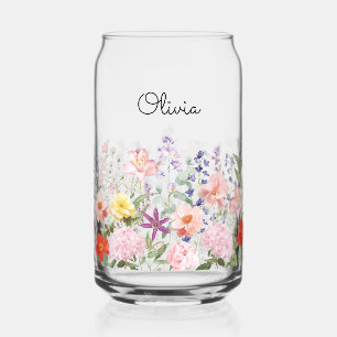 Colourful Pretty Flowers Floral Garden Personalise Can Glass